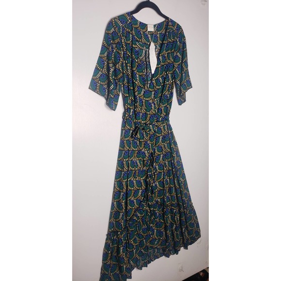 Silk & Salt Journey Maxi Wrap Dress African Peacock Print Green Blue NEW Medium - Picture 5 of 12